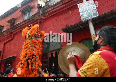 Kolkata, Inde.01st févr. 2022.La communauté chinoise vivant dans la ville effectue une danse du lion pour célébrer le premier jour de l'année lunaire chinoise.(Photo de Dipa Chakraborty/Pacific Press) crédit: Pacific Press Media production Corp./Alay Live News Banque D'Images