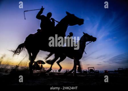 Gaza, Palestine.01st févr. 2022.Les Palestiniens font le tour de leurs chevaux le long de la plage pendant le coucher du soleil dans la ville de Gaza.Crédit : SOPA Images Limited/Alamy Live News Banque D'Images