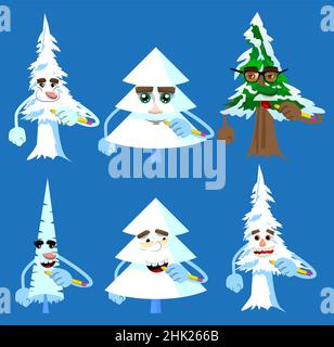 Dessins animés pins d'hiver avec des visages écrivant avec un crayon.Arbres de forêt mignons.Personnage de dessin animé neige sur pin, illustration amusante du vecteur de vacances. Illustration de Vecteur