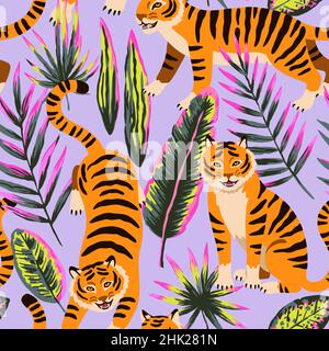 Motif sans couture avec de jolis tigres de dessin animé et des feuilles tropicales. Illustration de Vecteur