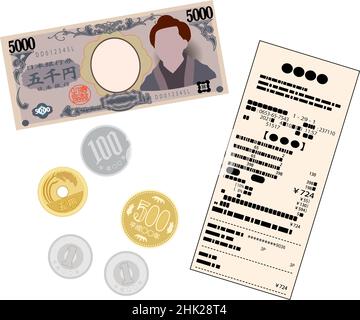 Voici une illustration des billets en yen japonais et des pièces en yen japonais et du reçu d'achat Illustration de Vecteur