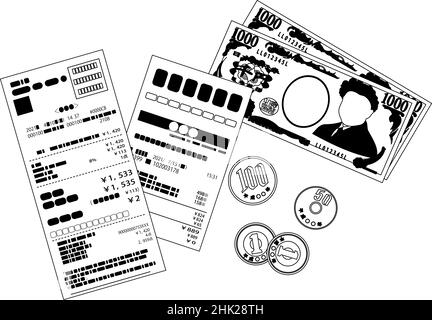 Voici une illustration des billets en yen japonais et des pièces en yen japonais et du reçu d'achat Illustration de Vecteur