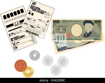 Voici une illustration des billets en yen japonais et des pièces en yen japonais et du reçu d'achat Illustration de Vecteur