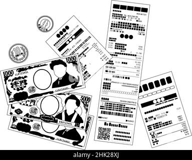 Voici une illustration des billets en yen japonais et des pièces en yen japonais et du reçu d'achat Illustration de Vecteur