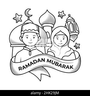 Un couple musulman salue l'illustration de l'eid ramadan doodle Illustration de Vecteur