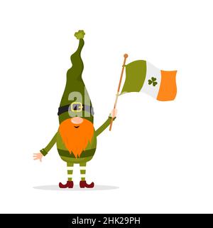 Gnome Saint-Patrick.Joli lepretchun avec drapeau.Illustration vectorielle de style dessin animé plat.Élément dessiné à la main pour les vacances en irlande Illustration de Vecteur