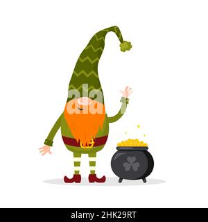 Gnome Saint-Patrick.Joli lepretchun avec pot d'or.Illustration vectorielle de style dessin animé plat.Élément dessiné à la main pour les vacances en irlande Illustration de Vecteur