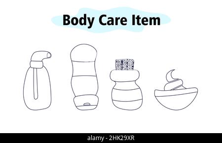 Un ensemble d'articles pour la salle de bains.Distributeur et shampooing, mousse à raser et bouteille pour cosmétiques.Soins du corps.Illustration vectorielle dans une conception linéaire sur un Illustration de Vecteur