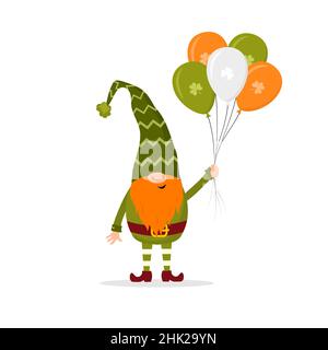 Gnome Saint-Patrick.Joli lepretchun avec ballons.Illustration vectorielle de style dessin animé plat.Élément dessiné à la main pour les vacances en irlande Illustration de Vecteur