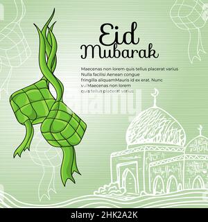 Carte de vœux du ramadan avec ketuplat dessiné à la main, illustration de la nourriture traditionnelle du ramadan Illustration de Vecteur