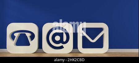 Grandes icônes de contact dans une pièce bleue avec espace pour votre texte, 3D rendu Banque D'Images