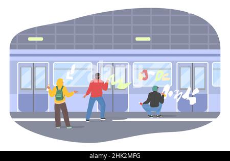 Street hooligans, vandales, graffiti peintres peinture métro train avec peinture spray, illustration vectorielle plate. Vandalisme Illustration de Vecteur