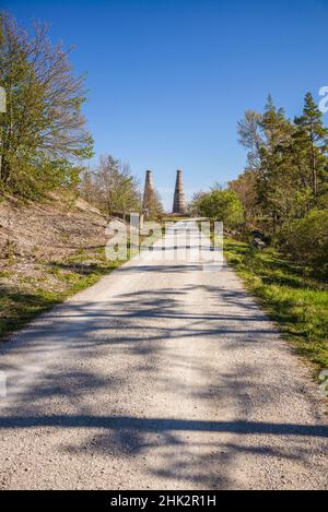 Suède, Gotland Island, Bungenas, ancienne mine de craie et base militaire, aujourd'hui un développement de vacances exclusif et une réserve naturelle, des cheminées de forme Banque D'Images