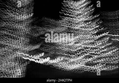 États-Unis, Arizona, Buckeye.Mouvement abstrait noir et blanc de l'arbre de Noël la nuit. Banque D'Images