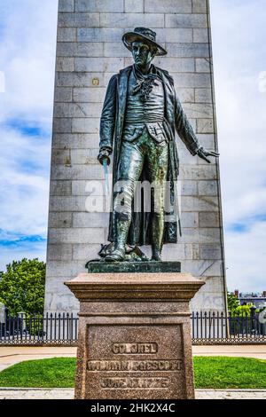 Statue de William Prescott, Bunker Hill Battle Monument, Charlestown, Boston, Massachusetts. Site de la bataille du 17 juin 1775, statue de la Révolution américaine cas Banque D'Images