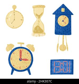 Placez les montres isolées sur fond blanc.Collecter une horloge différente.Numérique, sable, avec coucou, antique, poche,rétro.Alarmes d'esquisse abstraites pour f Illustration de Vecteur