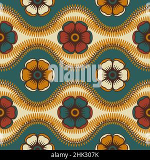 Fonds d'écran fleuris inspirés des papiers peints et tissus rétro 60s 70s, motif vectoriel sans couture.Formes Ogee et fleurs stylisées, illustration vectorielle. Illustration de Vecteur