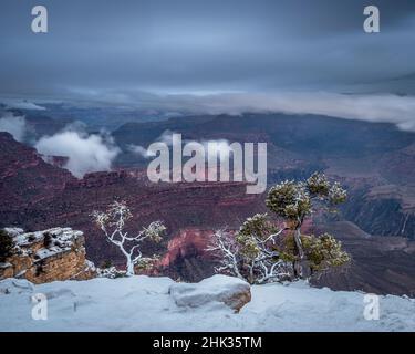 États-Unis, Arizona, Grand Canyon.Ciel orageux au-dessus du paysage du canyon au coucher du soleil. Banque D'Images