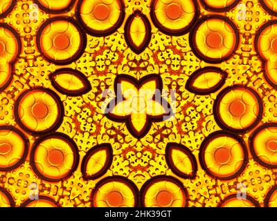 Fond de kaléidoscope de fleur de soleil. Magnifique motif de tournesol jaune sans couture. Texture mosaïque kaléidoscope unique. Thème des fleurs de l'été Banque D'Images