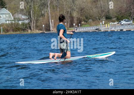 Issaquah, État de Washington, États-Unis.Une femme s'agenouille pour paddleboard alors que le vent commençait à se lever.(Usage éditorial uniquement) Banque D'Images