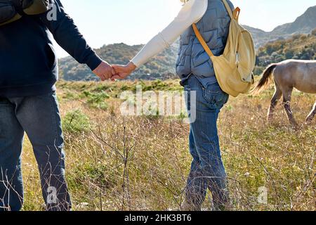 Vue arrière de couple tenant les mains tout en marchant sur la prairie rurale.Concept d'Union et de nouvelle vie moderne en harmonie avec la nature. Banque D'Images