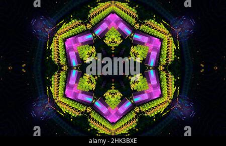 Arrière-plan abstrait vert clair, feuilles vertes en forme de coeur avec effet kaléidoscope. Banque D'Images
