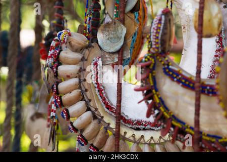 Melanesia, Papouasie-Nouvelle-Guinée, île de Dobu. Objets historiques vintage en forme de coquillages et de perles qui sont échangés entre les villages et sont exposés montrant le Banque D'Images