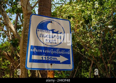 Un panneau de route d'évacuation du tsunami. Banque D'Images