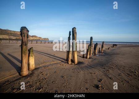 Vieux groynes usés ou brise-lames sur la plage de Sandsend en début de matinée, dans le North Yorkshire Banque D'Images