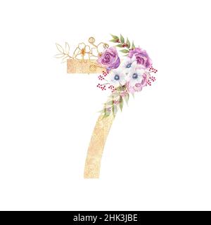 Design d'un nombre doré 7 avec bouquets de fleurs de roses pourpres, anémones, etc décor . Illustration aquarelle sur fond blanc. Mariage et Banque D'Images