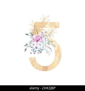 Design d'un nombre doré 5 avec bouquets de fleurs de roses pourpres, anémones, etc décor . Illustration aquarelle sur fond blanc. Mariage et Banque D'Images