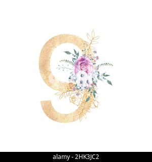 Design d'un nombre doré 9 avec bouquets de fleurs de roses pourpres, anémones, etc décor .Illustration aquarelle sur fond blanc.Mariage et Banque D'Images