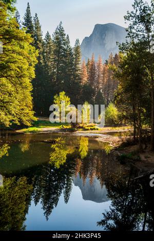 États-Unis, Californie. Parc national de Yosemite, montagnes de la Sierra Nevada, vue vers l'est en direction du demi-dôme depuis le pont Sentinel qui traverse la rivière Merced le matin. Banque D'Images