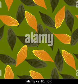 Décoration aléatoire de feuilles orange et vert sans coutures.Arrière-plan vert.L'automne botanique tombe des œuvres d'art.Illustration du stock.Conception vectorielle pour textil Illustration de Vecteur