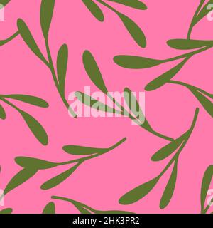 Motif abstrait décoratif sans couture avec silhouettes à branches vertes.Fond rose.Illustration vectorielle pour les imprimés textiles de saison, tissu, b Illustration de Vecteur