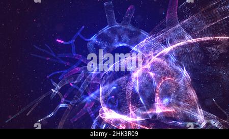 Cœur humain brillant composé de particules de néon.L'art concept de santé de coeur magique lumineux dans le style moderne abstrait se compose de points colorés.3d illustration Banque D'Images