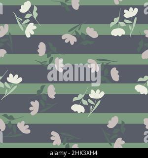 Fleurs sauvages nature motif sans couture avec fleurs ditsy aléatoire ornement.Arrière-plan rayé vert et violet.Motif graphique pour papier d'emballage et papier de construction Illustration de Vecteur