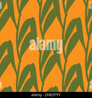 Motif fleuri abstrait sans couture avec silhouettes à branches de feuilles vertes botaniques.Arrière-plan orange.Illustration vectorielle pour tirages textiles de saison, fab Illustration de Vecteur