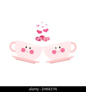 Deux adorables mugs roses avec le visage, jour de la Saint Valentin.Illustration vectorielle de style dessin animé plat Illustration de Vecteur