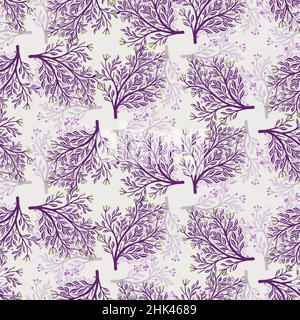 Éléments de forêt aléatoires violets motif sans couture avec ombres.Arrière-plan bleu clair.Éléments floraux.Illustration du stock.Conception vectorielle pour textil Illustration de Vecteur