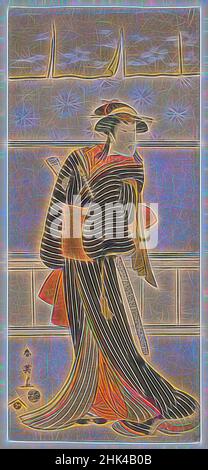 Inspiré par l'acteur Ichikawa Monnosuke II comme Karigane no Ofumi, Katsukawa Shunei, japonais, 1762-1819, imprimé en bois de couleur sur papier, Japon, 1792, période Edo, 12 3/4 x 5 9/16 po, 32,0 x 14,2 cm, bijin, bijinga, drape, kimono, obi, motif, bande, repensé par Artotop. L'art classique réinventé avec une touche moderne. Conception de lumière chaleureuse et gaie, de luminosité et de rayonnement de lumière. La photographie s'inspire du surréalisme et du futurisme, embrassant l'énergie dynamique de la technologie moderne, du mouvement, de la vitesse et révolutionne la culture Banque D'Images