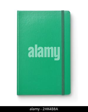 Vue avant de l'ordinateur portable vert vierge à couverture rigide isolé sur blanc Banque D'Images