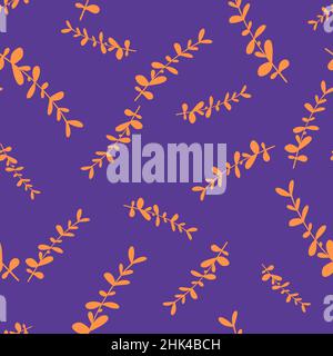 Motif nature abstrait sans couture avec imprimé eucalyptus orange au hasard.Toile de fond bleu indigo.Motif graphique pour l'emballage du papier et du tissu Illustration de Vecteur