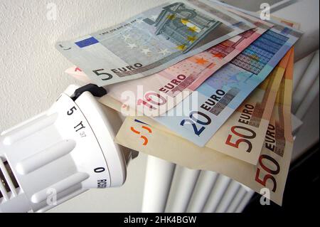 Munich, Allemagne.02nd févr. 2022.En raison de la flambée des prix, le gouvernement lance une subvention au chauffage.Thermostat, radiateur, photo symbolique, frais de chauffage, billets et pièces,euros, euros sont devant un radiateur, radiateur, hiver, frais supplémentaires, frais de vie supplémentaires,frais supplémentaires, après paiement, frais supplémentaires après paiement, frais de chauffage après paiement, locataires, frais de location supplémentaires, frais de chauffage paiement à l'avance, chauffage.Credit: dpa/Alay Live News Banque D'Images