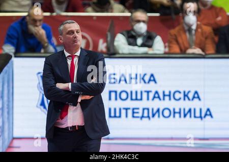 Belgrade, Serbie, le 1st février 2022.L'entraîneur en chef Dejan Radonjic rematte lors du match Euroligue de Turkish Airlines entre Crvena Zvezda mts Belgrade et AX Armani Exchange Milan à Belgrade, Serbie.1 février 2022.Crédit : Nikola Krstic/Alay Banque D'Images