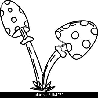 Deux volants, éléments dessinés à la main dans un style doodle. Champignons. Dessin monochrome d'agarics de mouche. Dessin d'icône simple. Illustration de Vecteur