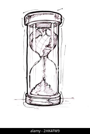 Croquis de la planète Terre dans un sablier à l'ancienne sur fond blanc. Banque D'Images