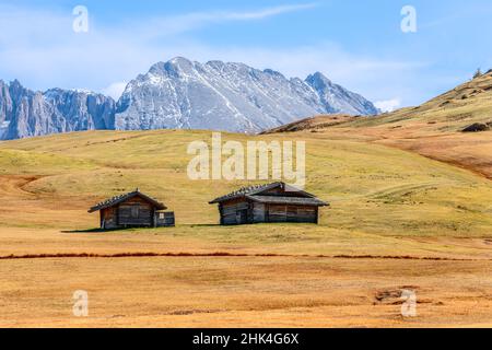 Deux huttes alpines sur le plateau de Seiser Alm en automne sur le fond des montagnes du Groupe Langkofel Banque D'Images