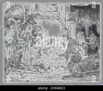 Inspiré par l'adoration des bergers: Avec la lampe, Rembrandt Harmensz. Van Rijn, néerlandais, 1606-1669, Etching sur papier à poser, pays-Bas, ca. 1654, plaque: 4 1/8 x 5 1/16 po., 10,5 x 12,9 cm, revisitée par Artotop. L'art classique réinventé avec une touche moderne. Conception de lumière chaleureuse et gaie, de luminosité et de rayonnement de lumière. La photographie s'inspire du surréalisme et du futurisme, embrassant l'énergie dynamique de la technologie moderne, du mouvement, de la vitesse et révolutionne la culture Banque D'Images