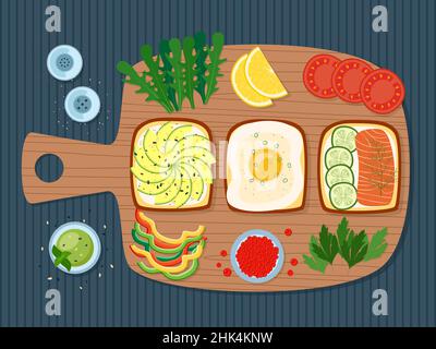 Petit déjeuner sain, toasts aux légumes verts, œufs, avocat, saumon,caviar, légumes, illustration vectorielle Illustration de Vecteur